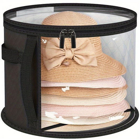 Black round hat storage box with zipper and clear window, stackable design
