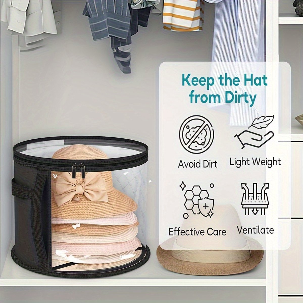 Hat Box - Hat Storage Box - Storage Box for Hats - Round Hat Boxes - Ø 42x27.8 cm - Stackable Hat Organizer - Foldable Round Brim Hat Organizer Bag - With Zipper, Transparent Window - Black - 1 Piece
