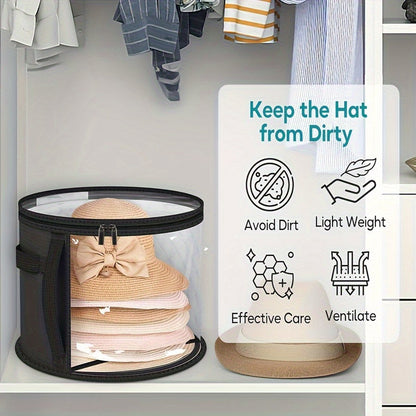 Hat Box - Hat Storage Box - Storage Box for Hats - Round Hat Boxes - Ø 42x27.8 cm - Stackable Hat Organizer - Foldable Round Brim Hat Organizer Bag - With Zipper, Transparent Window - Black - 1 Piece