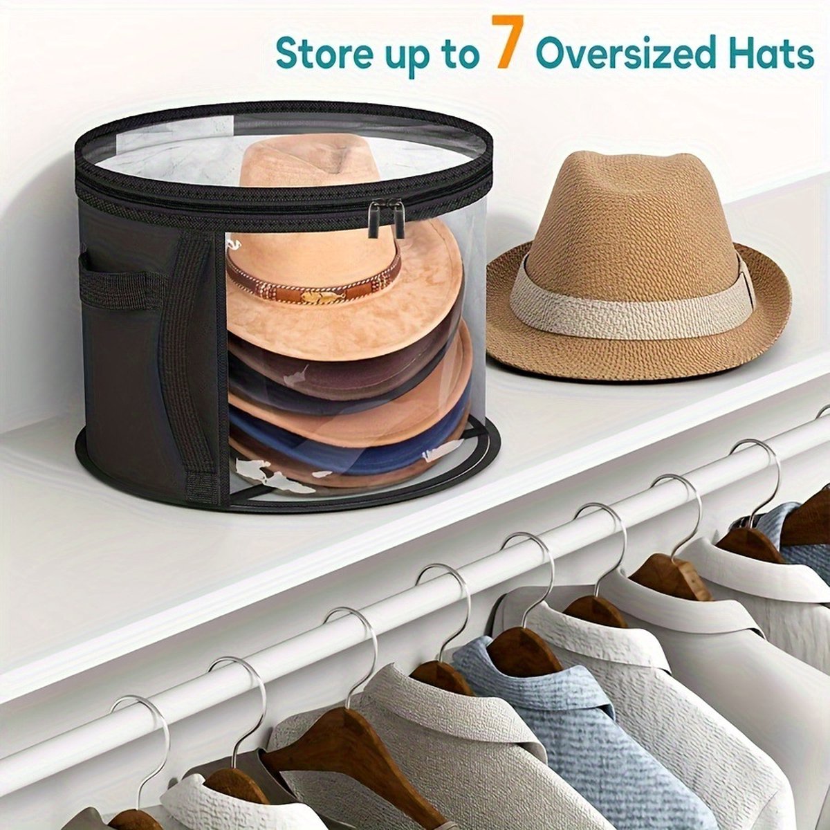 Hat Box - Hat Storage Box - Storage Box for Hats - Round Hat Boxes - Ø 42x27.8 cm - Stackable Hat Organizer - Foldable Round Brim Hat Organizer Bag - With Zipper, Transparent Window - Black - 1 Piece