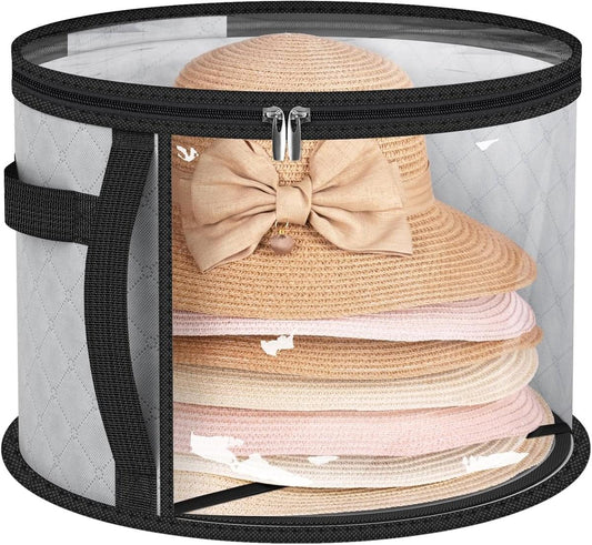 Gray round foldable hat storage box with clear window, black zipper and handle
