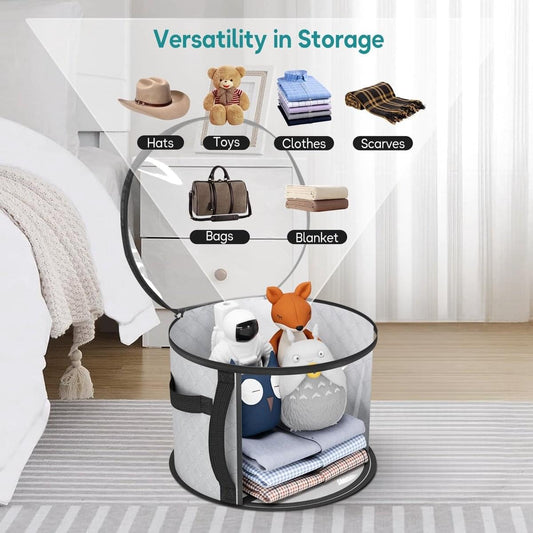 Round hat storage organizer with clear window and black trim, holding folded hats