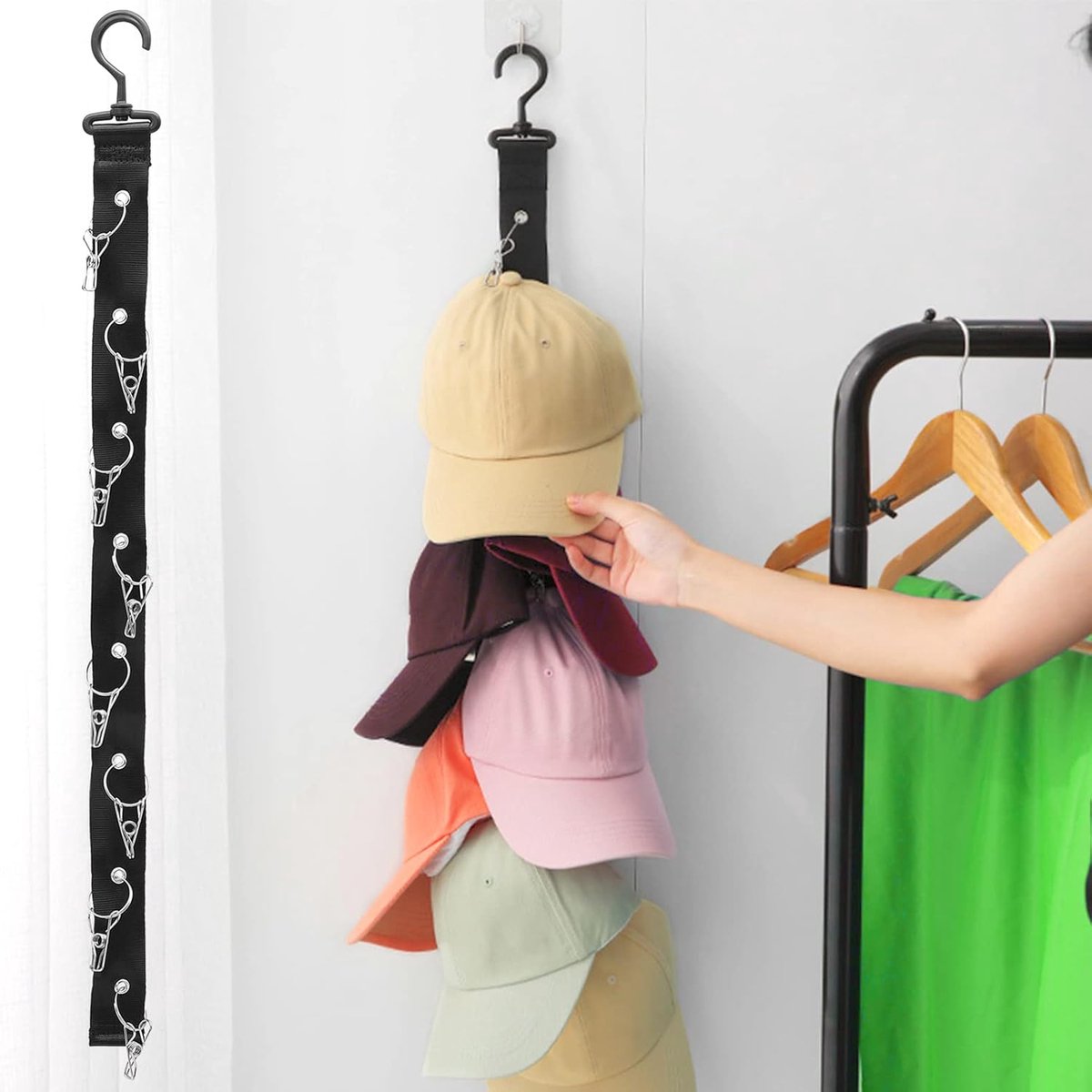 Hat Rack - 2 Pieces - Cap Rack - Cap Organizer - Wall Hat Hook - Hat Holder - Simple Hat Rack - Clothes Hanger - Cap Organizer - Cap Holder - Hanging Baseball Cap - Wall Mount with Hooks - 360 Degree Rotatable - 8 Hat Storage Clips