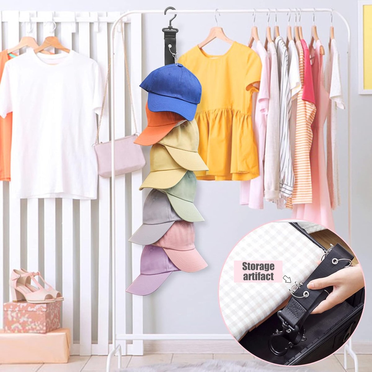 Hat Rack - 2 Pieces - Cap Rack - Cap Organizer - Wall Hat Hook - Hat Holder - Simple Hat Rack - Clothes Hanger - Cap Organizer - Cap Holder - Hanging Baseball Cap - Wall Mount with Hooks - 360 Degree Rotatable - 8 Hat Storage Clips