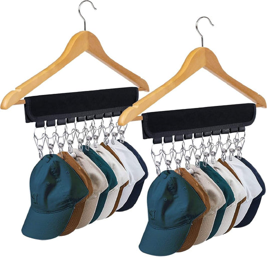 Hat organizer clip set: black velvet bar with metal clips on wooden hangers, with caps