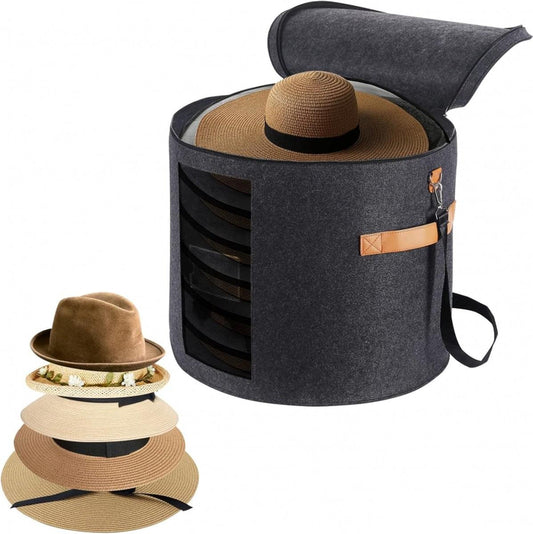 Dark gray felt round hat storage box with lid, carrying handle, and zipper