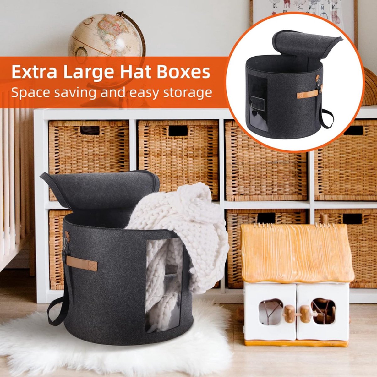 Hat box - storage boxes - Hat storage box - round - dark gray - 50 x 43 cm - felt - foldable - with lid and carrying handle and zipper - transparent window