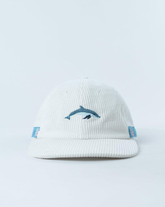 White ribbed beanie with blue dolphin embroidery and fold-up brim
