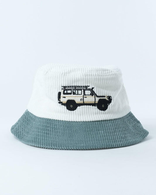 Bucket hat with truck graphic, white crown and teal brim