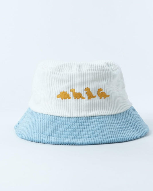 Bucket hat with white ribbed crown, blue brim, gold dino nugget embroidery