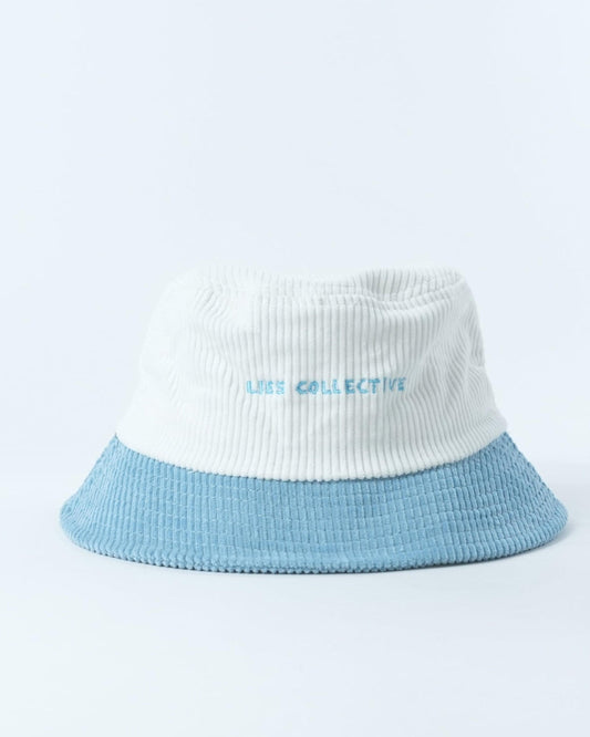 Bucket hat with white ribbed crown, blue brim, 'USE COLLECTIVE' text on side