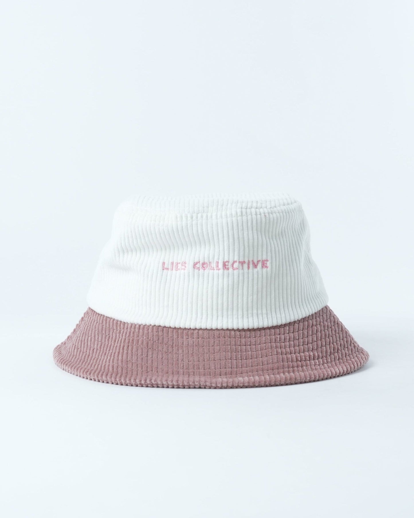 Bucket hat with white knit crown and mauve brim, Kids Collective text