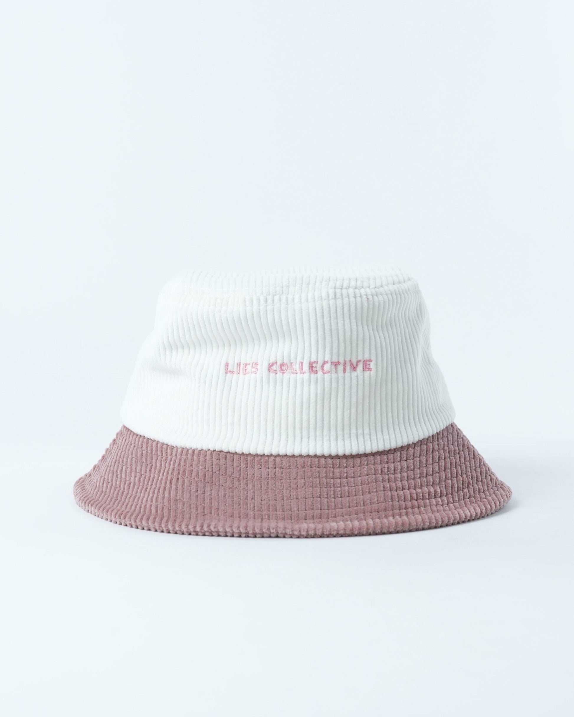 Bucket hat with white knit crown and mauve brim, Kids Collective text