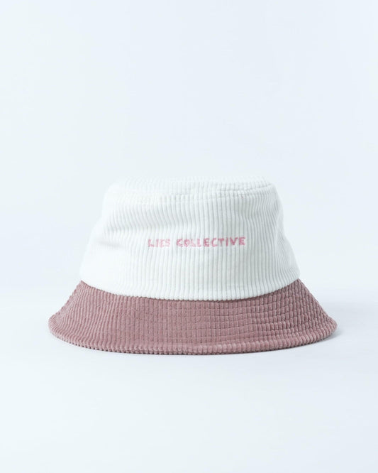 Bucket hat with white knit crown and mauve brim, Kids Collective text