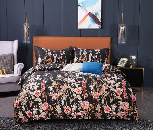 Super king duvet cover set, dark background with colorful blossoms; 2+ pillowcases