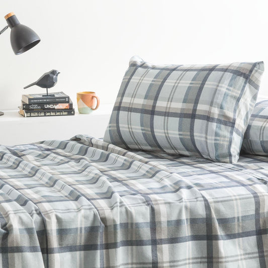 Park Avenue plaid flannelette sheet set with light blue-gray check pattern and pillowcase