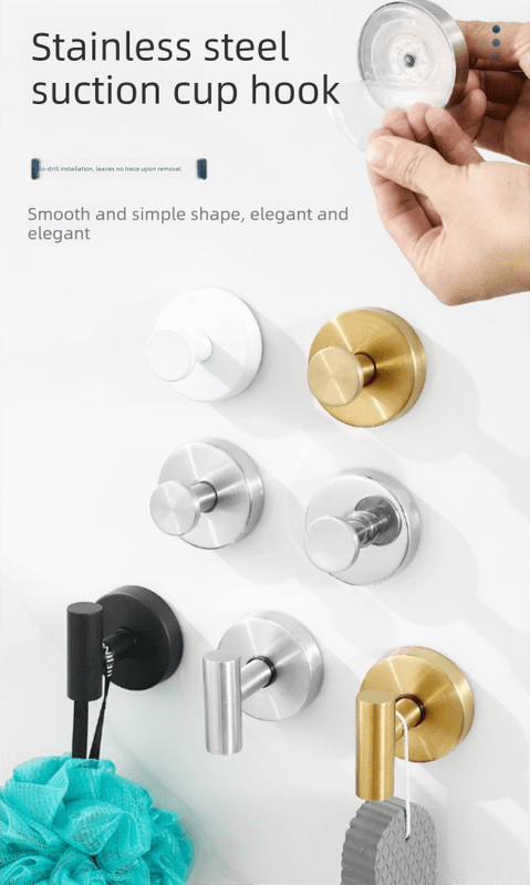 Stainless steel suction cup hooks set in white, black, and gold tones
