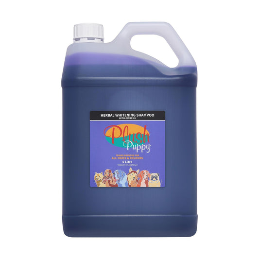 Blue herbal whitening shampoo jug with cap, ginseng label