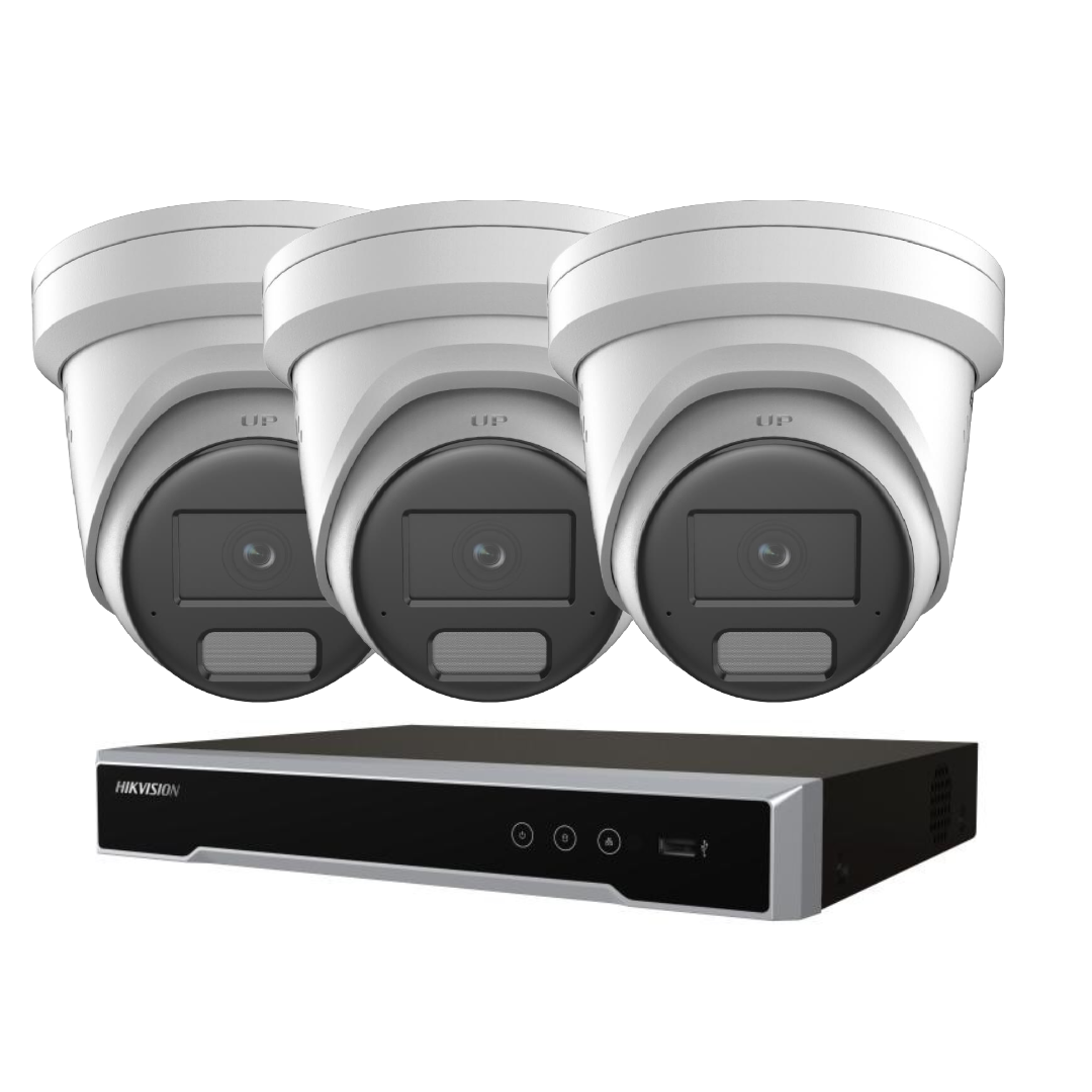 Hikvision Up to 4 Camera 6MP AcuSense LiveGuard CCTV Kit – DS-2CD2366G2H-IS2U/SL 2.8mm Turret Cameras + DS-7604NI-M1/4P 4 Channel PoE NVR, H.265+, IP67, HDMI/VGA, Optional HDD