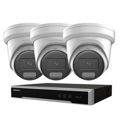 Hikvision Up to 4 Camera 6MP AcuSense LiveGuard CCTV Kit – DS-2CD2366G2H-IS2U/SL 2.8mm Turret Cameras + DS-7604NI-M1/4P 4 Channel PoE NVR, H.265+, IP67, HDMI/VGA, Optional HDD