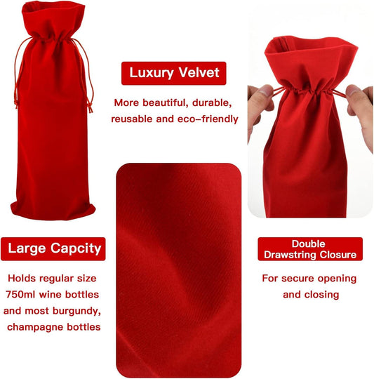 Red velvet wine bottle gift bag with double drawstring closure, gathered top