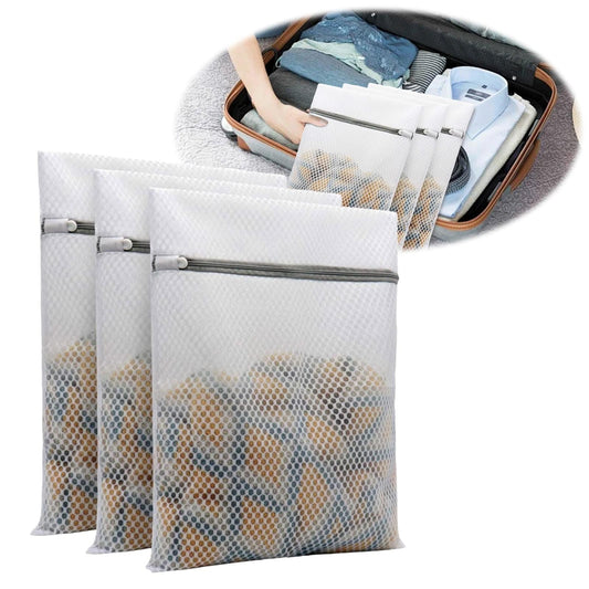 Set of white mesh laundry wash bags with metal zipper, stacked for sorting delicates