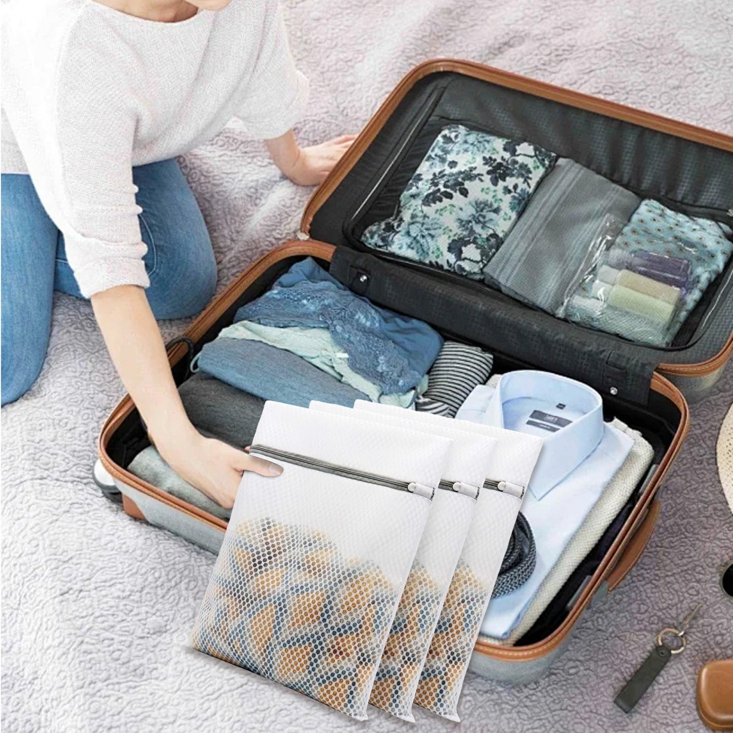 Honeycomb Delicates Bags for Washing Machine, Heavy Duty lingerie bags for Laundry, Travel Storage Organize Bag for Cotton Clothes, Sheet, Shoes, 1 Pcs, 15.75x11.81 11.81" x 15.75" White/3 Pcs