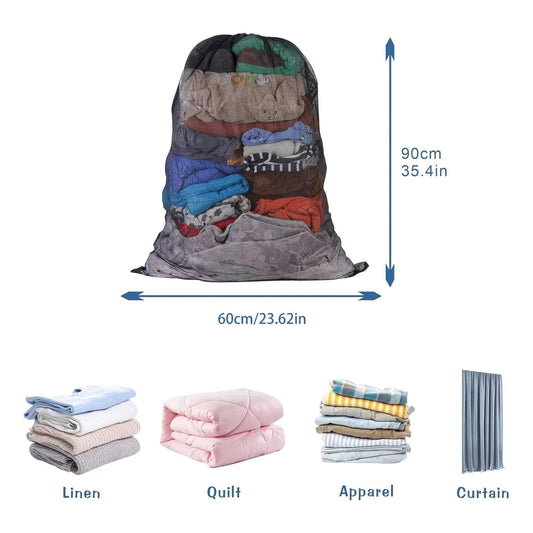 Delicates laundry bag filled with folded clothes, gray mesh drawstring sack