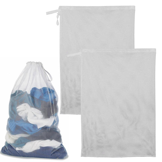 White mesh delicates laundry bags with drawstring, two rectangular pouches and one small pouch