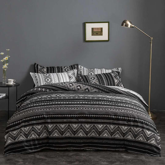 Reversible queen duvet quilt cover set with layered geometric stripes and diamond details