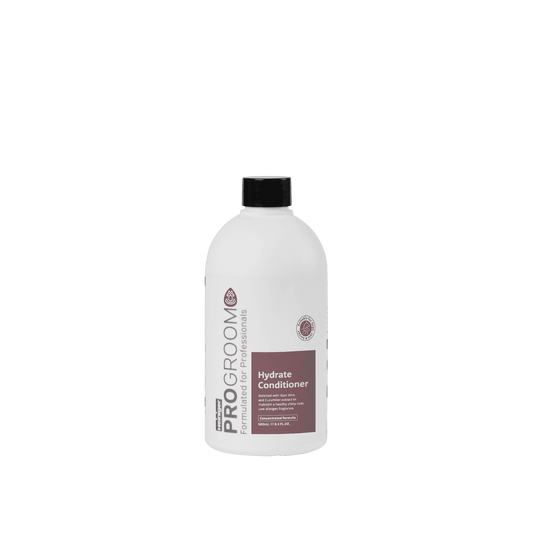Progroom Hydrate Conditioner bottle, white with black cap, front label