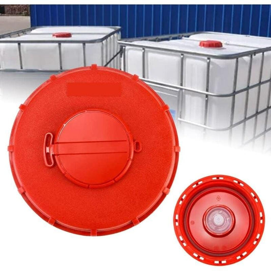 Red round IBC tank lid with circular handle and vent openings