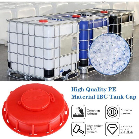 Red ventilated IBC tank cap shown top and underside with sealing rim