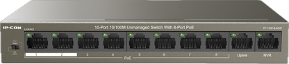 IP-COM 8-Port PoE+ Switch | 63W Total Capacity | 2x 100M Uplink | L2 Unmanaged | 51VDC | Brown