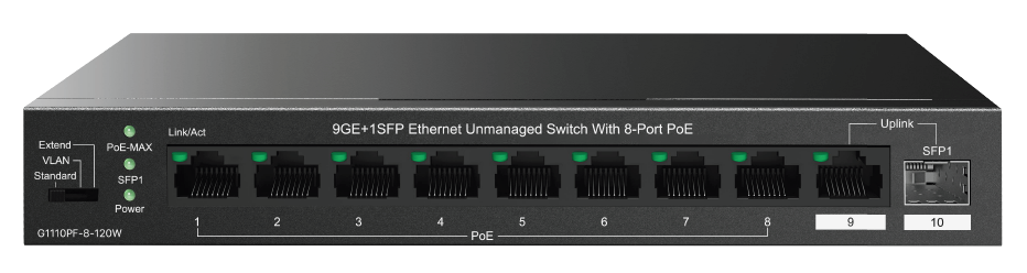 IP-COM G1110PF-8-120W 8-Port Gigabit PoE+ Switch 120W with 1x SFP Combo Uplink Unmanaged L2