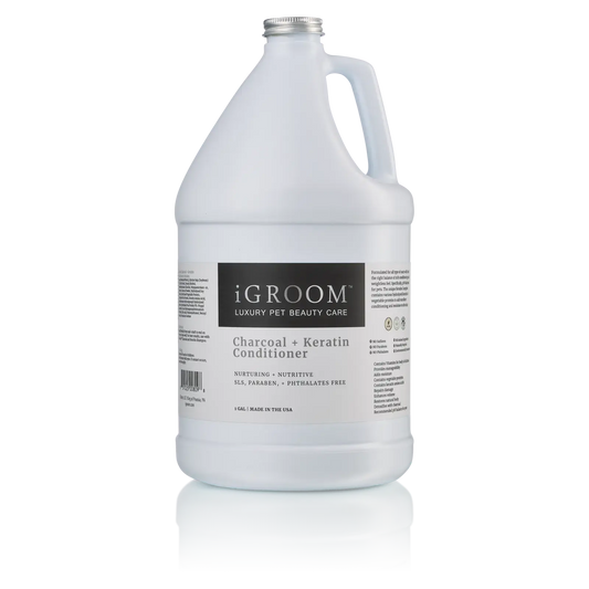 iGroom charcoal plus keratin conditioner in white bottle with handle