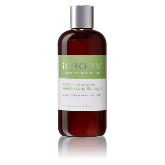 iGROOM Argan + Vitamin E moisturizing shampoo bottle, amber liquid, front label