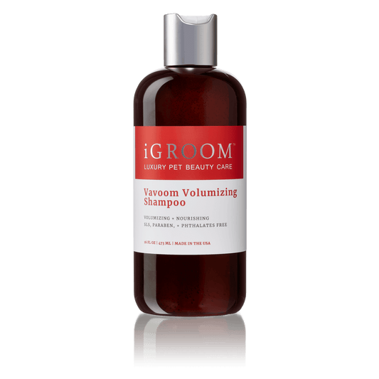 Volumizing pet shampoo bottle, dark amber with iGROOM label and silver cap