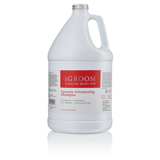 Volumizing pet shampoo jug, white bottle with iGROOM back label and plastic cap