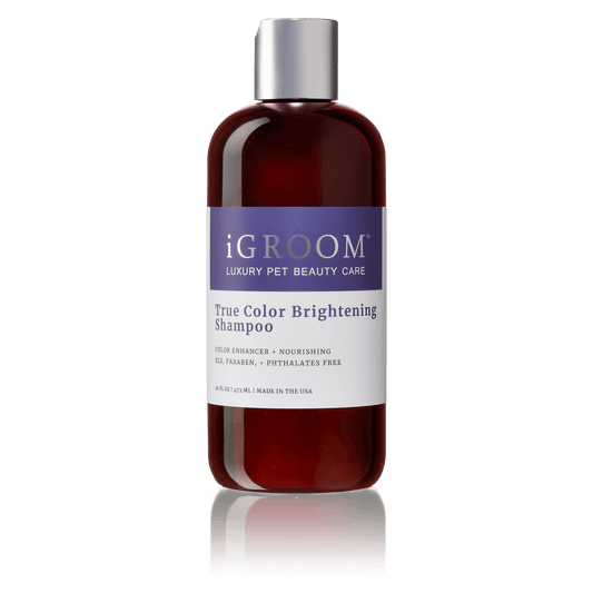 iGROOM True Color Brightening Shampoo bottle, amber glass look and silver cap