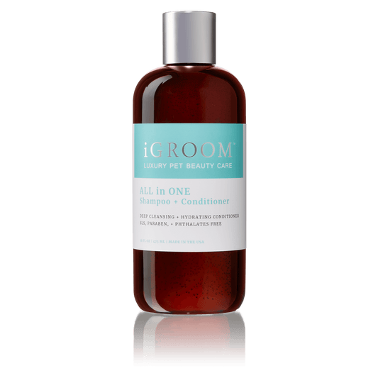 iGROOM all-in-one shampoo & conditioner bottle with amber label and silver cap