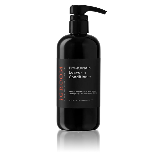 iGroom Pro-Keratin leave-in conditioner pump bottle, dark gray/black, label front