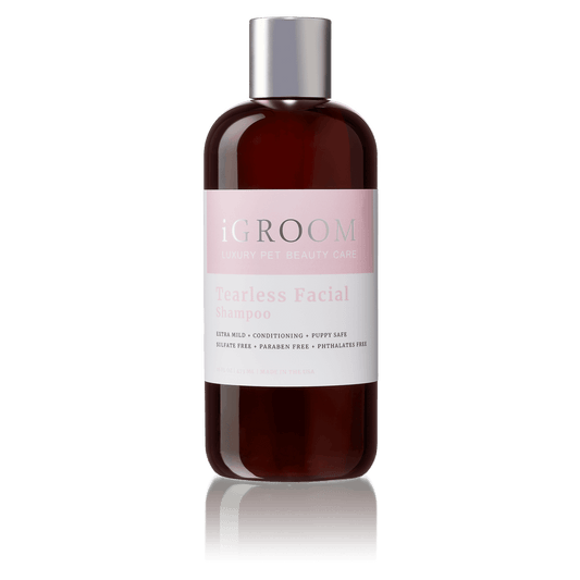 iGROOM tearless facial shampoo, dark amber bottle with silver cap