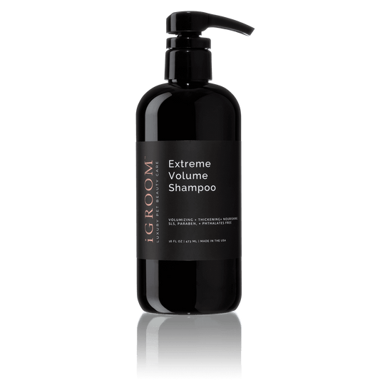 iGROOM Extreme Volume shampoo bottle with black pump, dark bottle and label