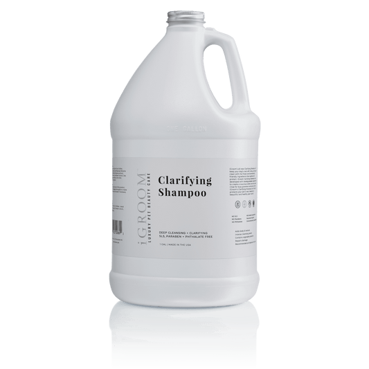 Clarifying shampoo bottle, white jug shape with handle and silver cap