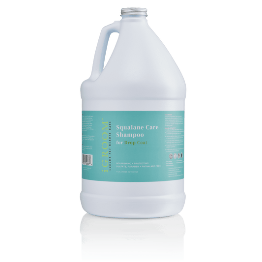 iGroom Squalane Care Shampoo jug, white bottle with teal label and screw cap