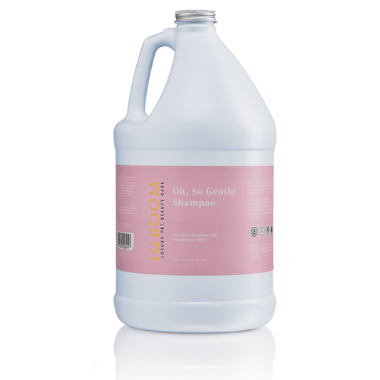 iGROOM Oh, So Gentle Shampoo jug with handle, white plastic with pink label