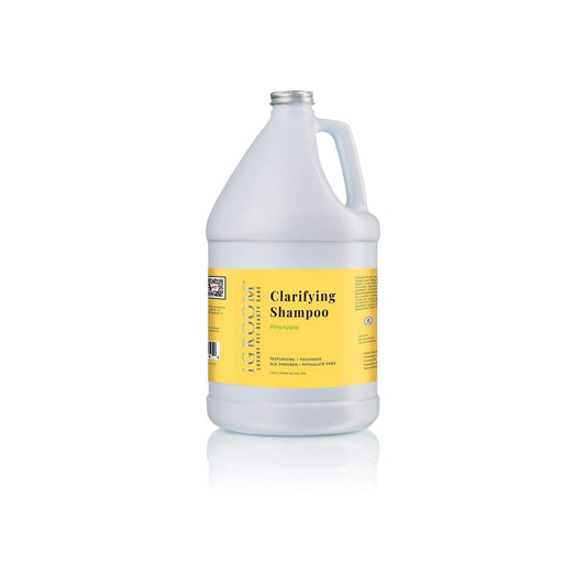 iGROOM clarifying shampoo jug with handle, white bottle, gold label