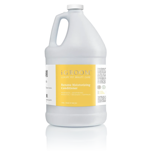 White pet conditioner bottle with side handle and yellow label