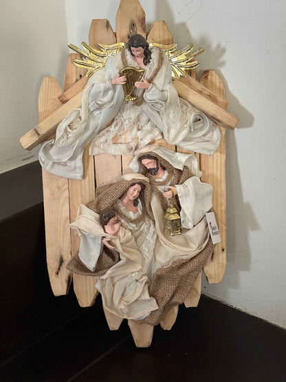 Christmas Religious Wall Hanging Nativity Wreath – Holy Family & Angel Stable Scene, Handmade Christian Holiday Home Decoration